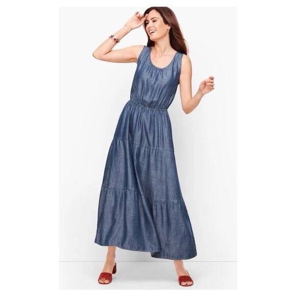 Talbots Size 16 XL Tiered Light Denim Maxi Dress Chambray Tencel Classic Pockets - Picture 1 of 12